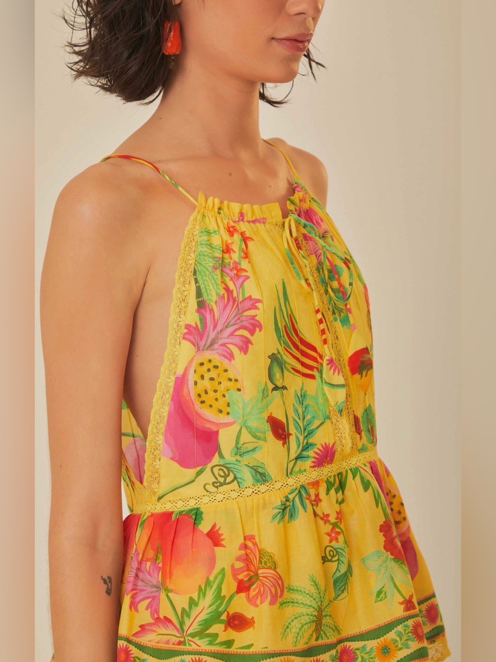 FARM Rio Cotton Yellow Tropical Print Halter Tie-Front Top Size Women’s XS - Picture 2 of 10